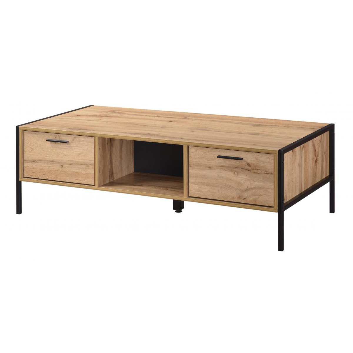 Michigan Coffee Table with 2 Drawers – Oak Effect & Black Metal Frame