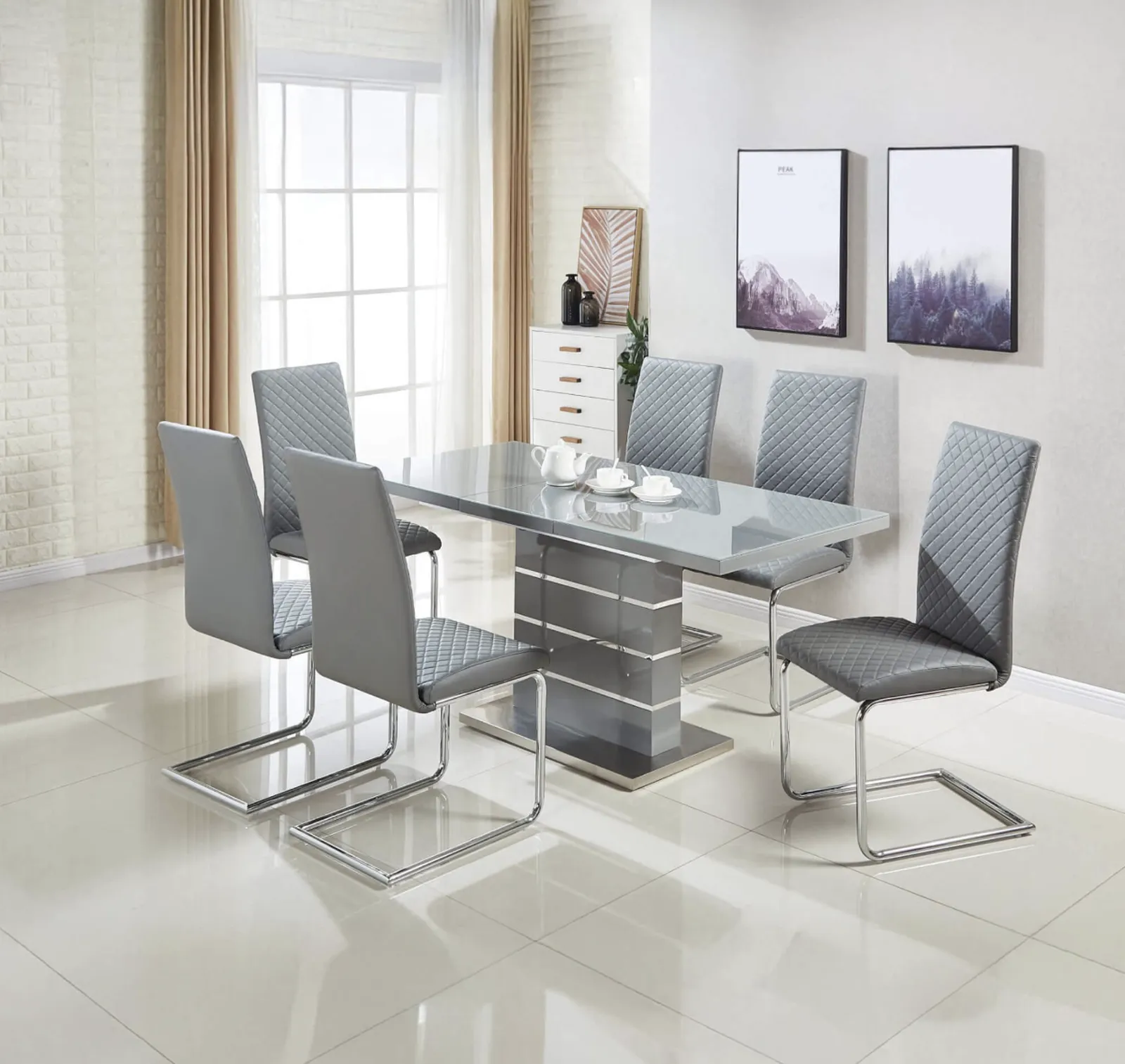 Dresden Dining Set – Extending Glass Dining Table with 6 Grey PU Chairs