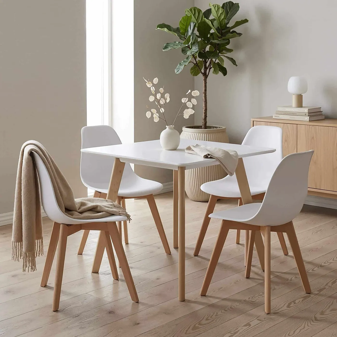Belgium 80cm Small White Matt Dining Table with Solid Beech Legs – Square 2 Seater Kitchen Table