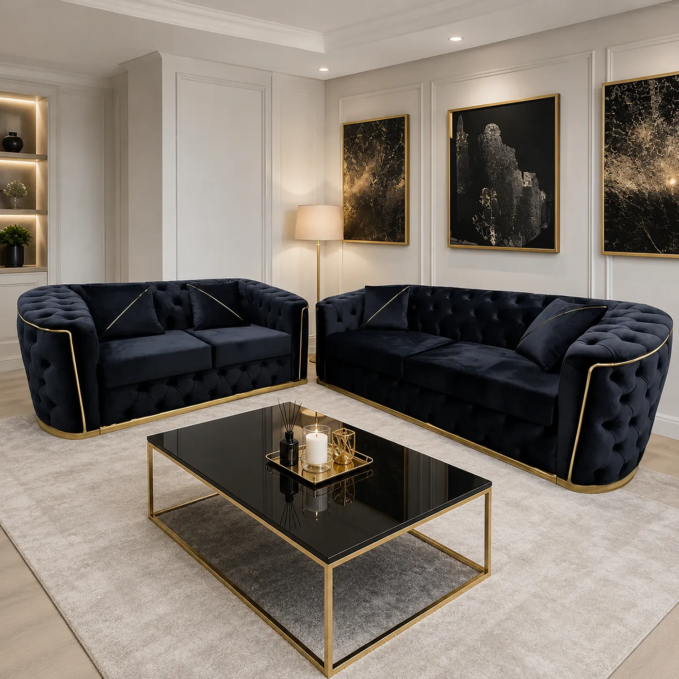 Toronto Black Plush Velvet Chesterfield Sofa Suite – 3 Seater + 2 Seater
