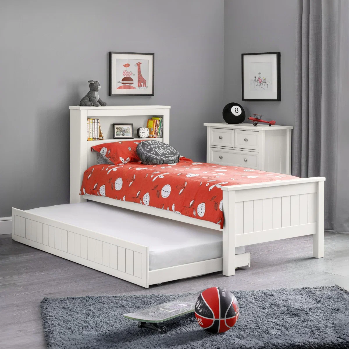 Maine Surf White Bookcase Bed with Pull-Out Trundle | Wooden Single Guest Bed with Bookcase Headboard