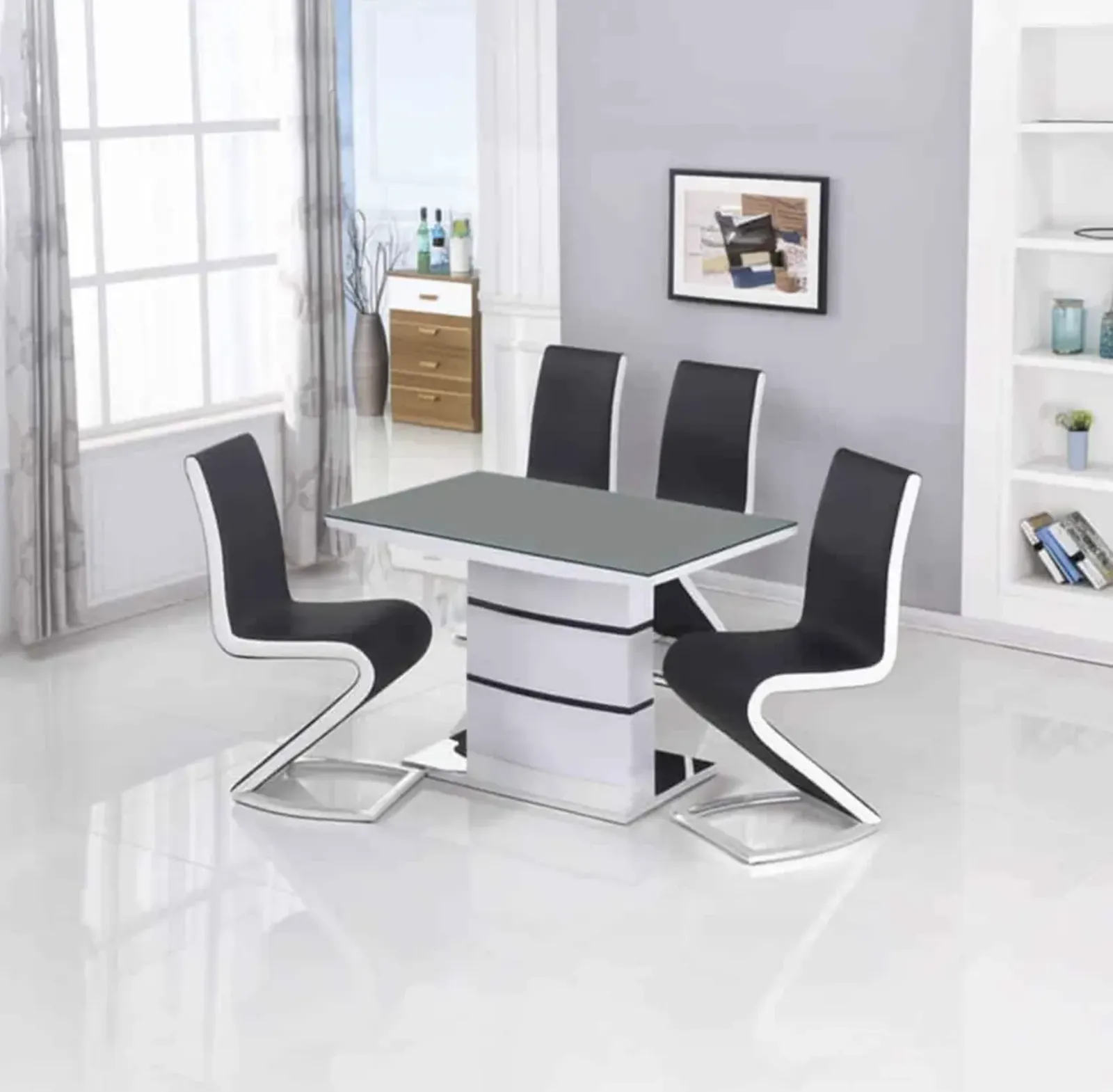 Aldridge 120cm White High Gloss Dining Table with Black Glass Top & 4 Black & White PU Chairs - 4 Seater Dining Set