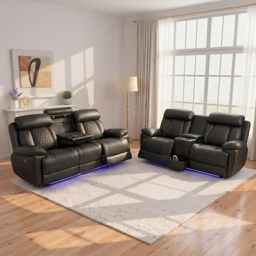 Carlisle Entertainment Leather Recliner Sofa Suite 3 Seater + 2 Seater – LED Lights, USB & Type-C Charging