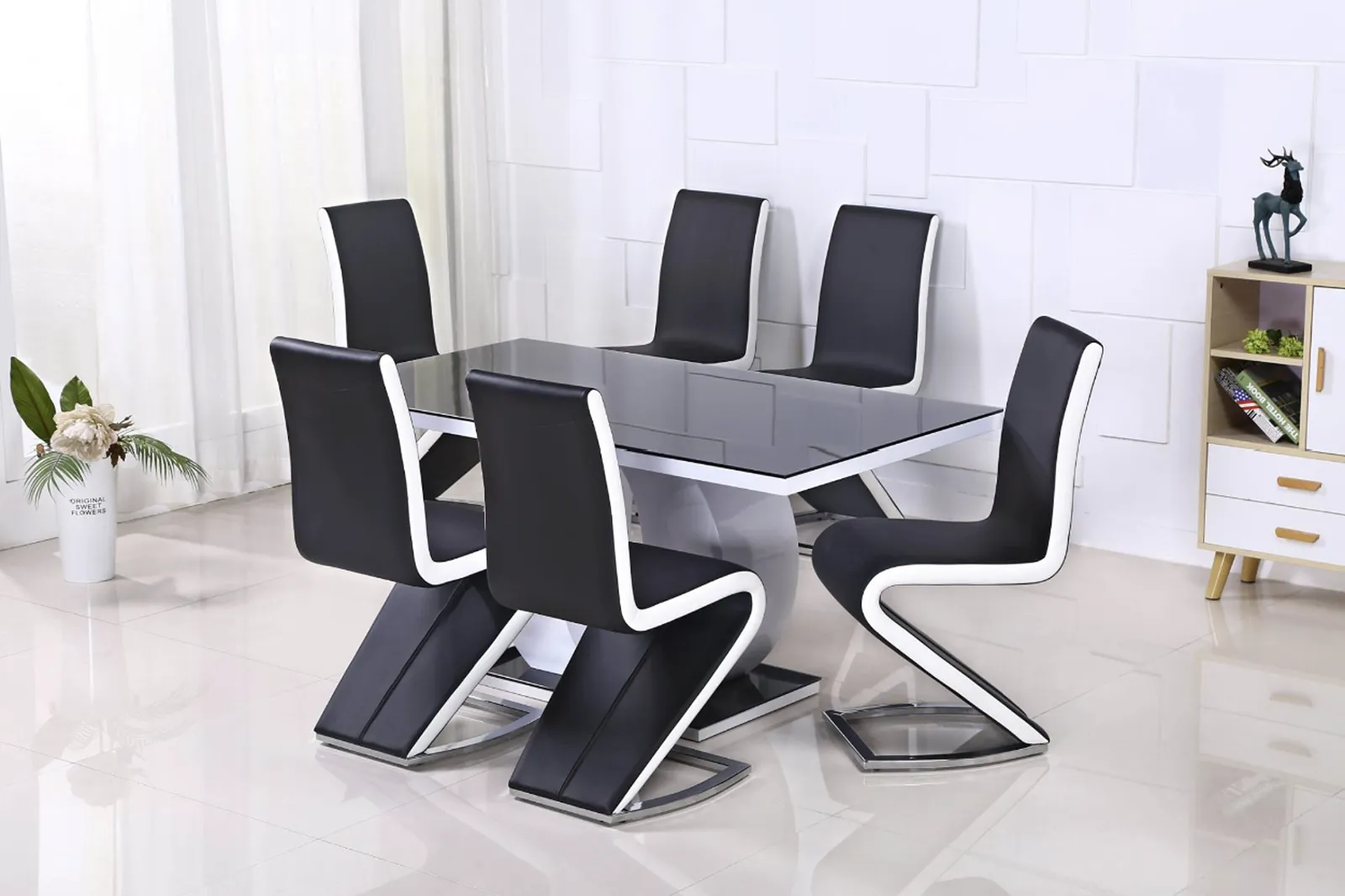 Edenhall 160cm White High Gloss Dining Table with Black Glass Top - 6 Seater Rectangular Dining Table
