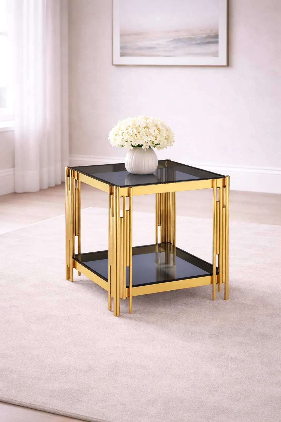 Cleveland Grey Glass Side Table – Gold Stainless Steel Lamp Table
