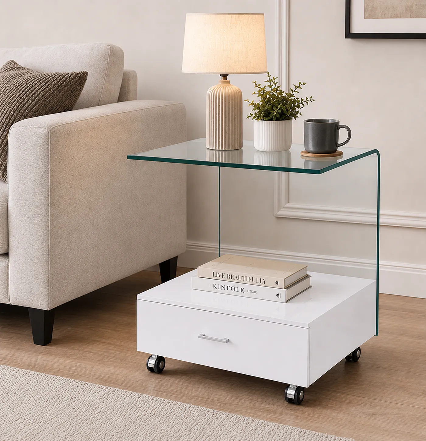 Cresta High Gloss Side Table with Glass Top | Modern Lamp Table