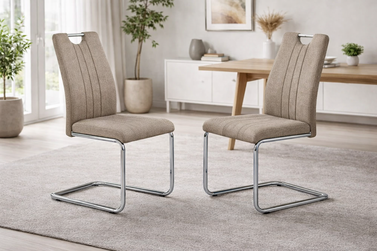 Knightsbridge Taupe Fabric Dining Chairs with Chrome Legs – Sets of 2, 4 or 6