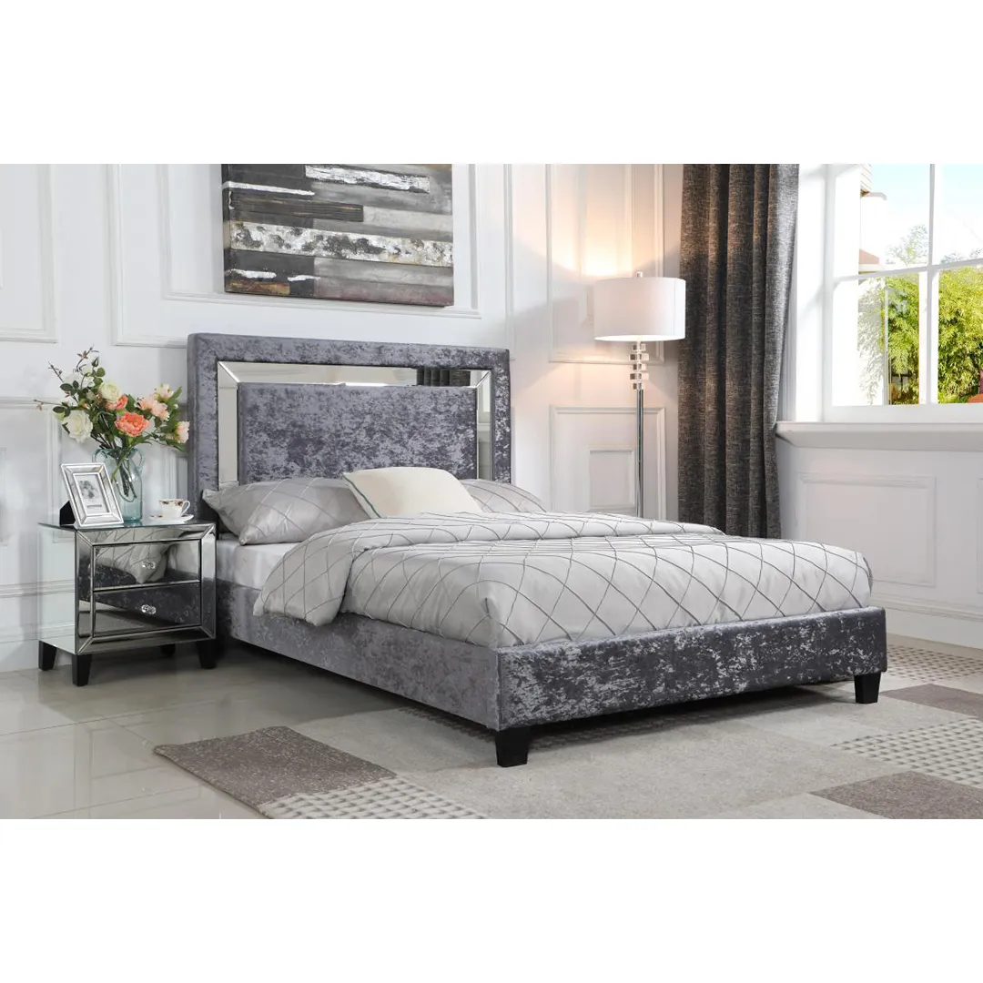 Augustina Crushed Velvet Bed Frame with Mirrored Headboard – Silver – Double & King Size