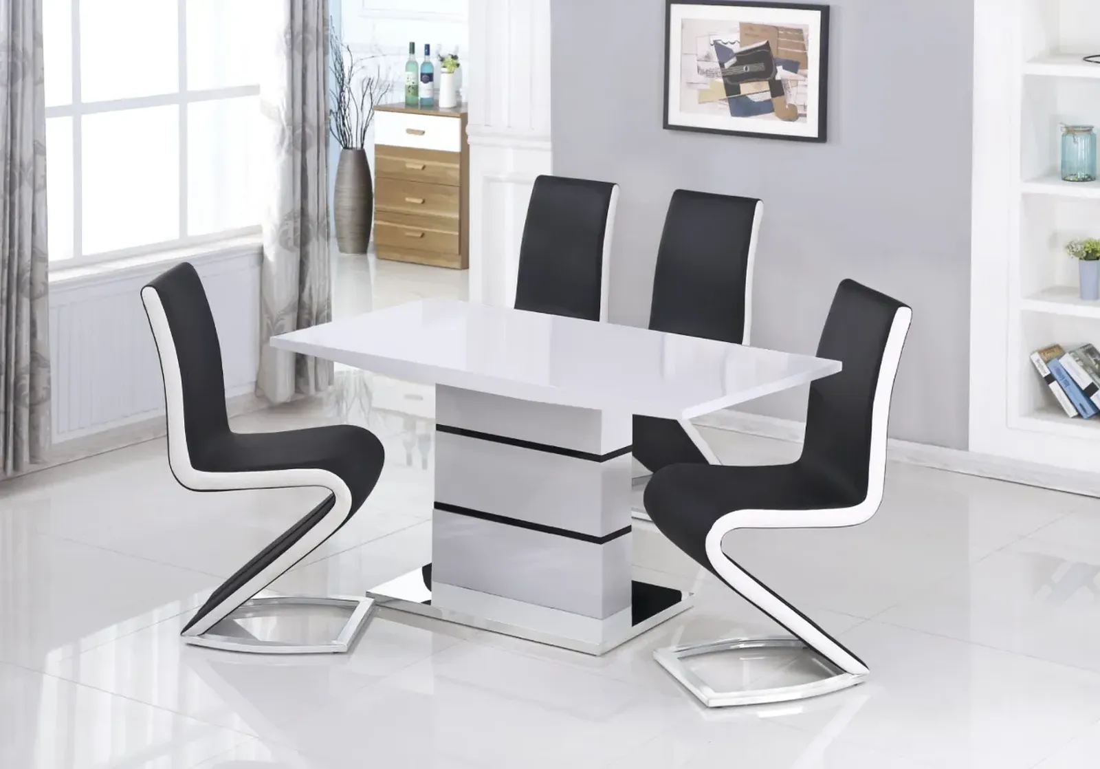 Leona 120cm High Gloss Dining Table with 4 Aldridge Black & White PU Chairs - 4 Seater Dining Set