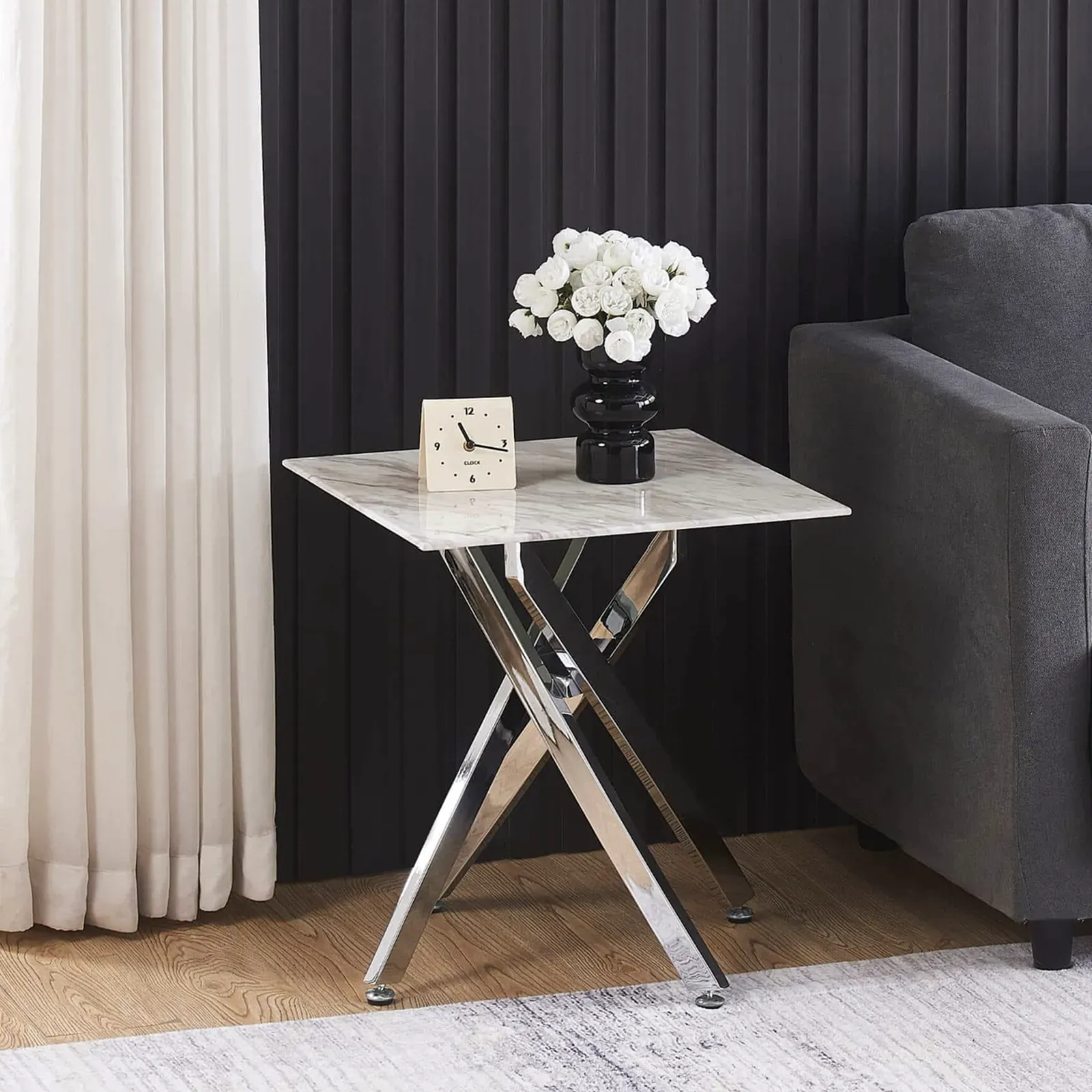 Scimitar Marble Effect Glass Side Table – Modern Lamp Table with Silver Metal Legs