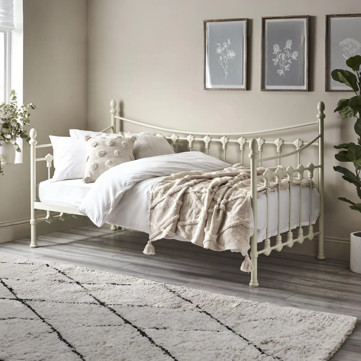 Versailles Stone White Metal Day Bed with Lift-Up Trundle