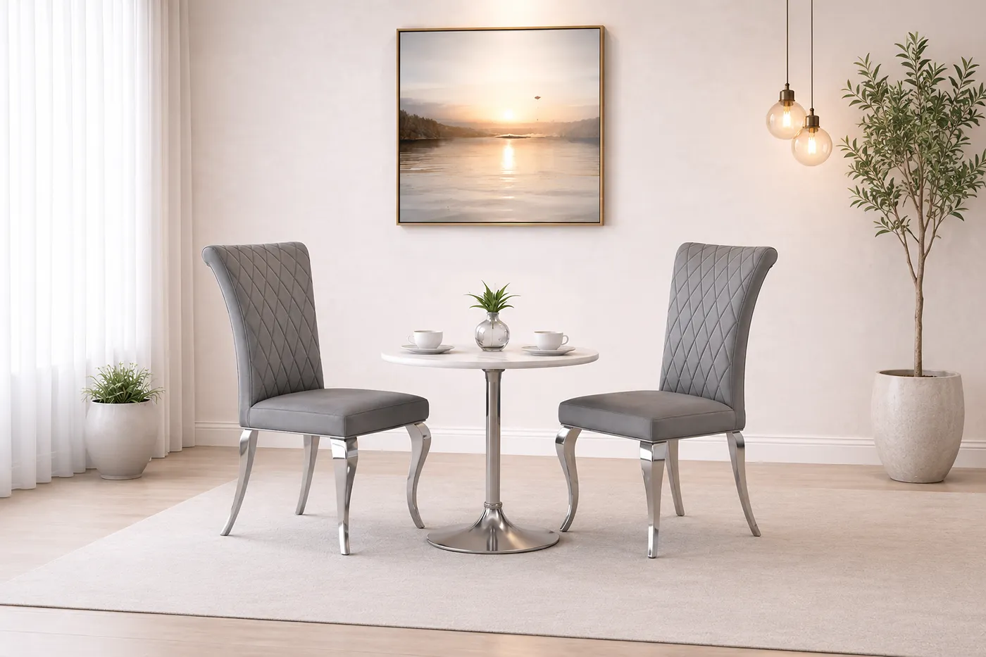 Grande Grey PU Leather Dining Chairs with Stainless Steel Legs – Sets of 2, 4 or 6