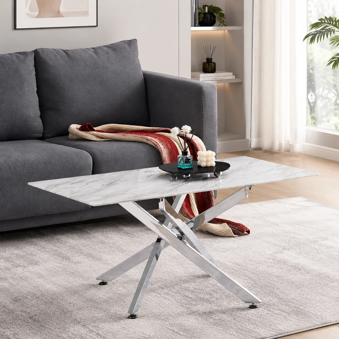 Scimitar Marble Effect Glass Coffee Table – Modern Coffee Table with Silver Metal Legs