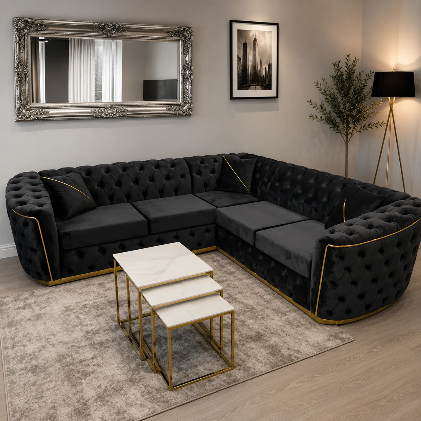 Toronto Black Plush Velvet Chesterfield Corner Sofa Suite – L Shape Corner Sofa
