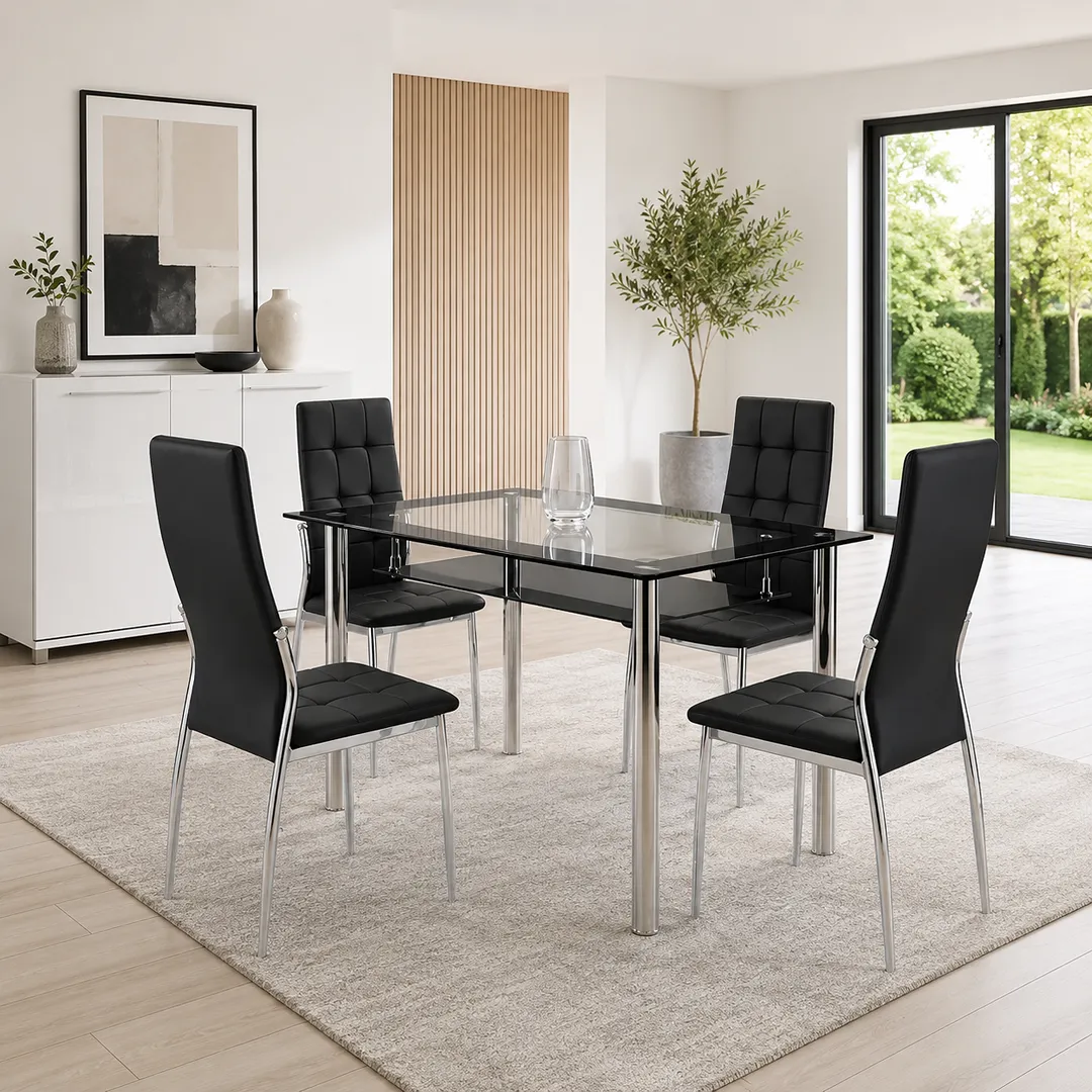 Andora Glass Dining Table with 4 Oyster PU Dining Chairs