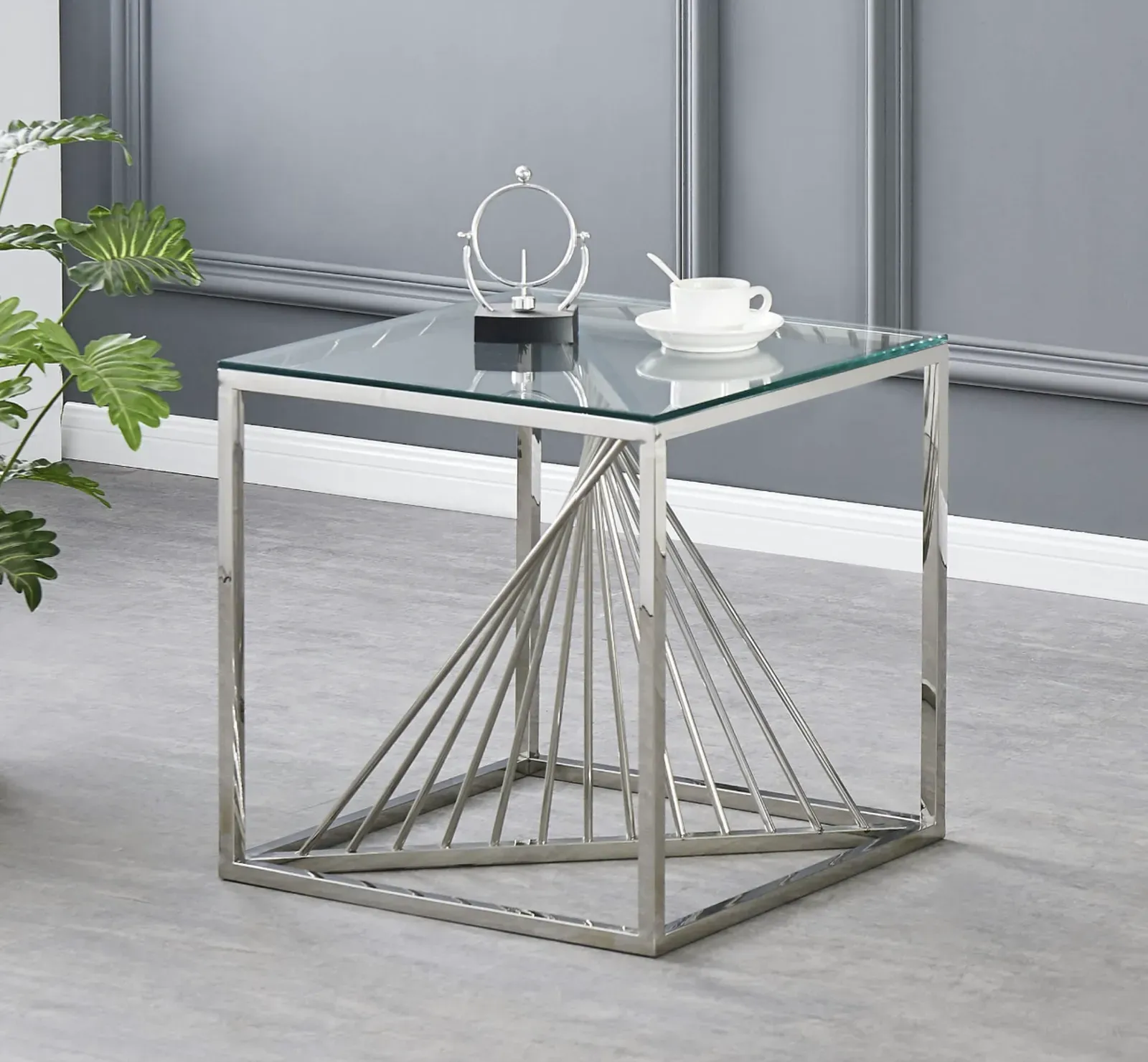 Vista Clear Glass Side Table – Silver Stainless Steel Lamp Table