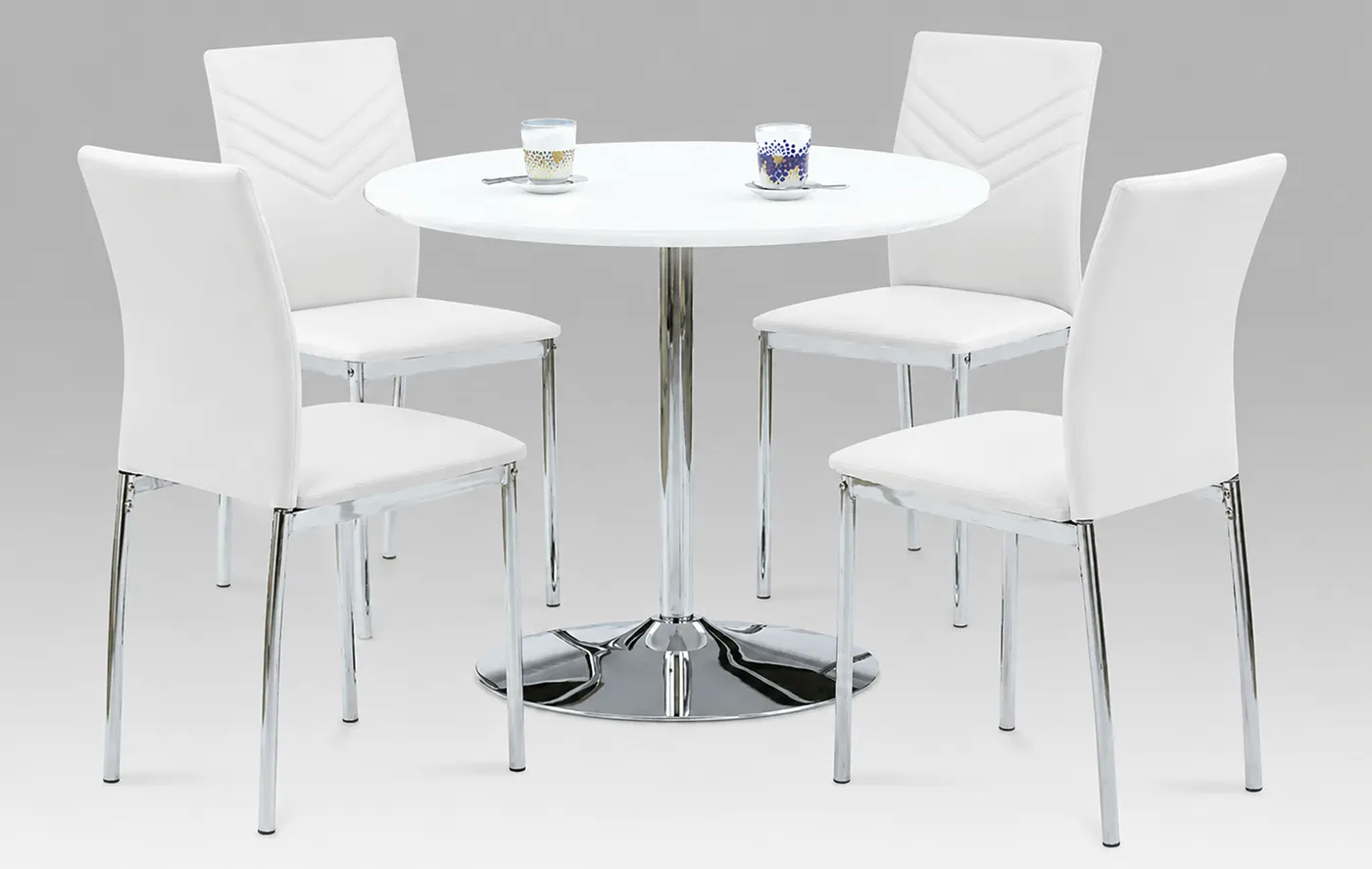 Sylvia White High Gloss Round Dining Set with 4 PU Chairs - 90cm 4 Seater Dining Set