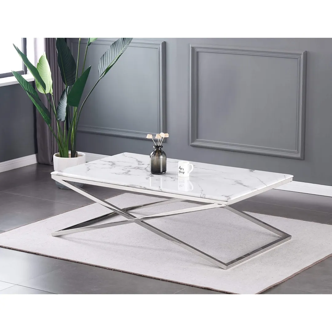 Ginetta Marble Coffee Table with Silver Stainless Steel Frame – Modern Ivory Coffee Table