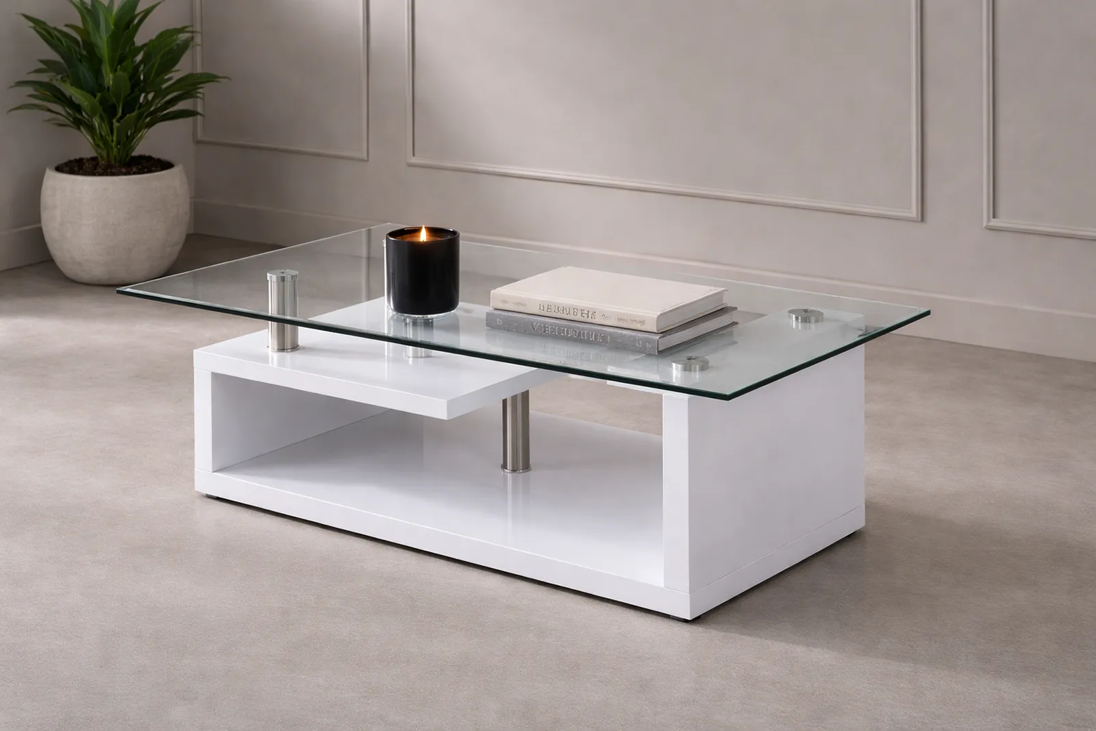 Bernard High Gloss White Coffee Table – Modern Glass Coffee Table with Storage Shelf
