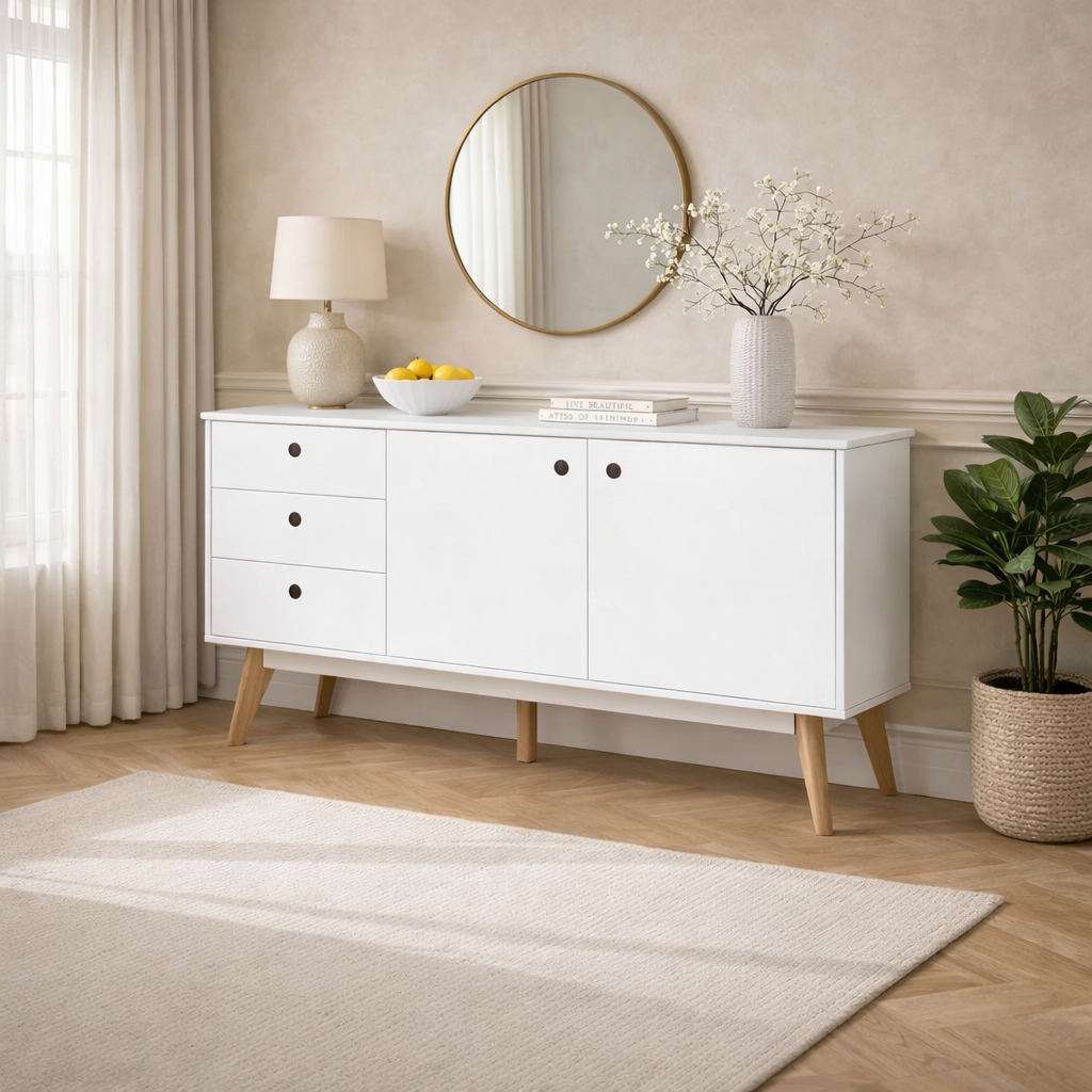 Belgium White Sideboard Cabinet | 2 Door 3 Drawer Storage Unit with Solid Beech Legs