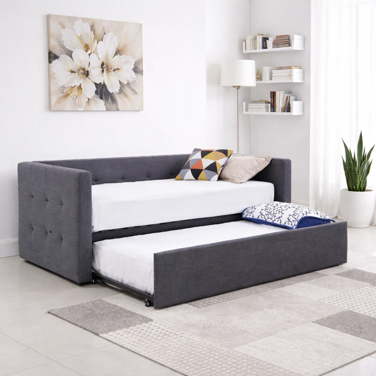 Congo Grey Linen Fabric Day Bed with Pull Out Trundle