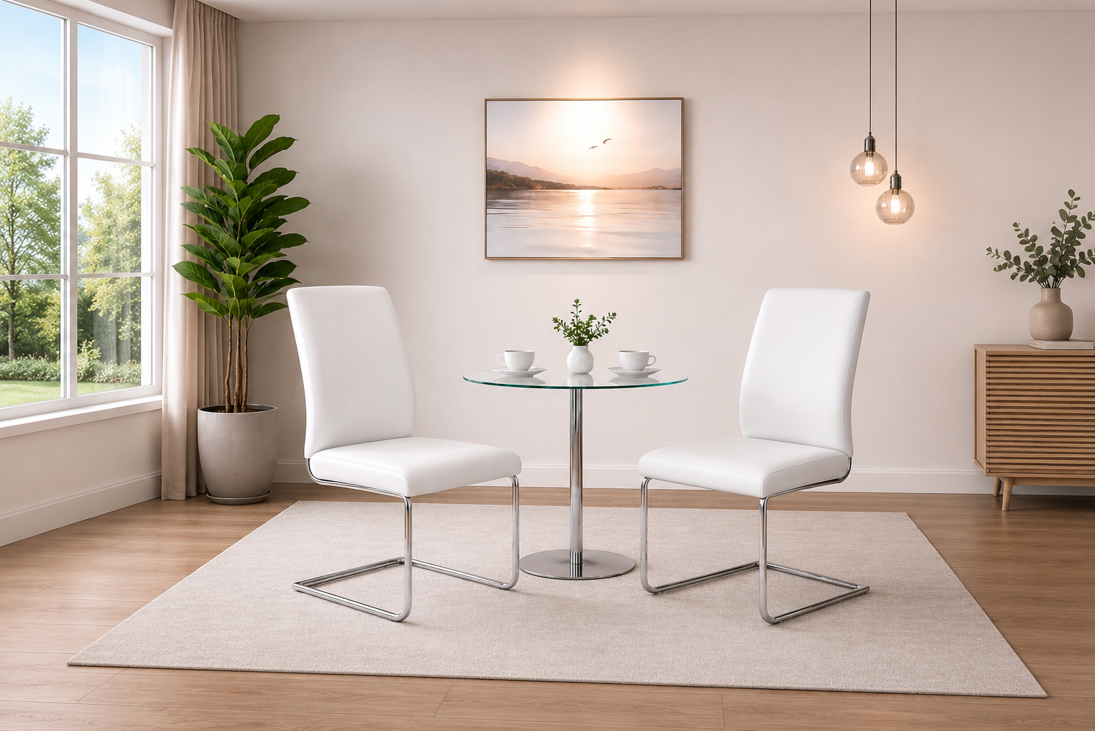 Maxwell White PU Dining Chairs with Stainless Steel Cantilever Legs – Sets of 2, 4 or 6