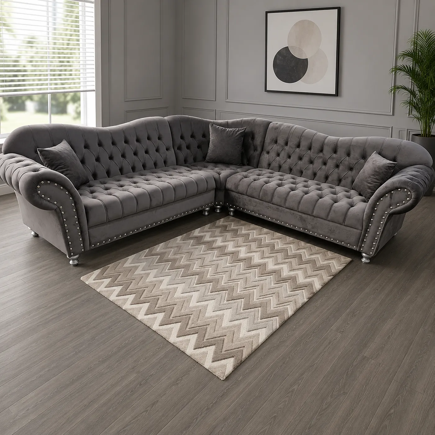 Elegance Chesterfield Corner Sofa | Grey Plush Velvet L Shape Corner Sofa Suite