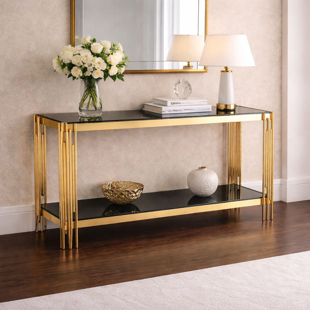 Cleveland Grey Glass Console Table – Gold Stainless Steel Hallway Table