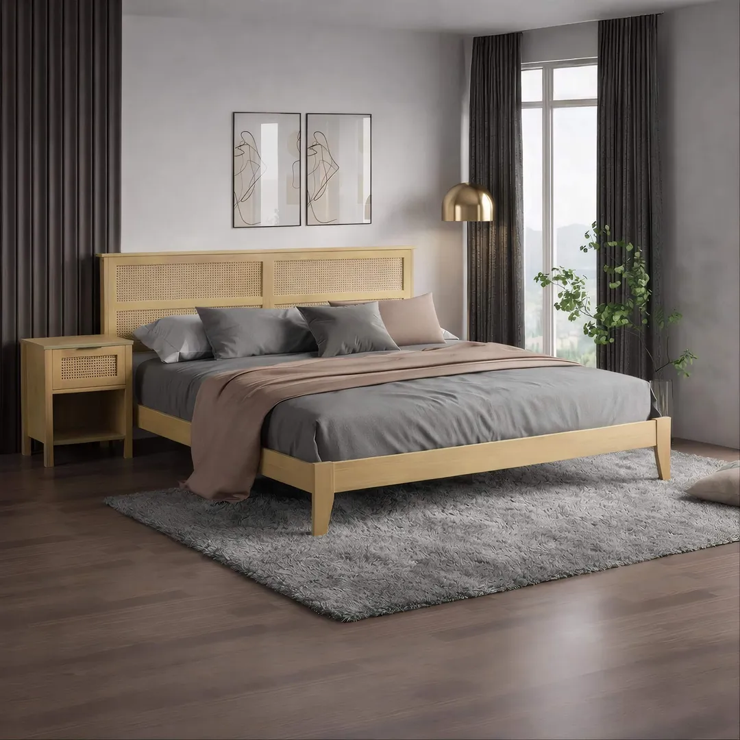 Alicia Wooden Rattan Bed Frame – Oak Finish | Double & King Size