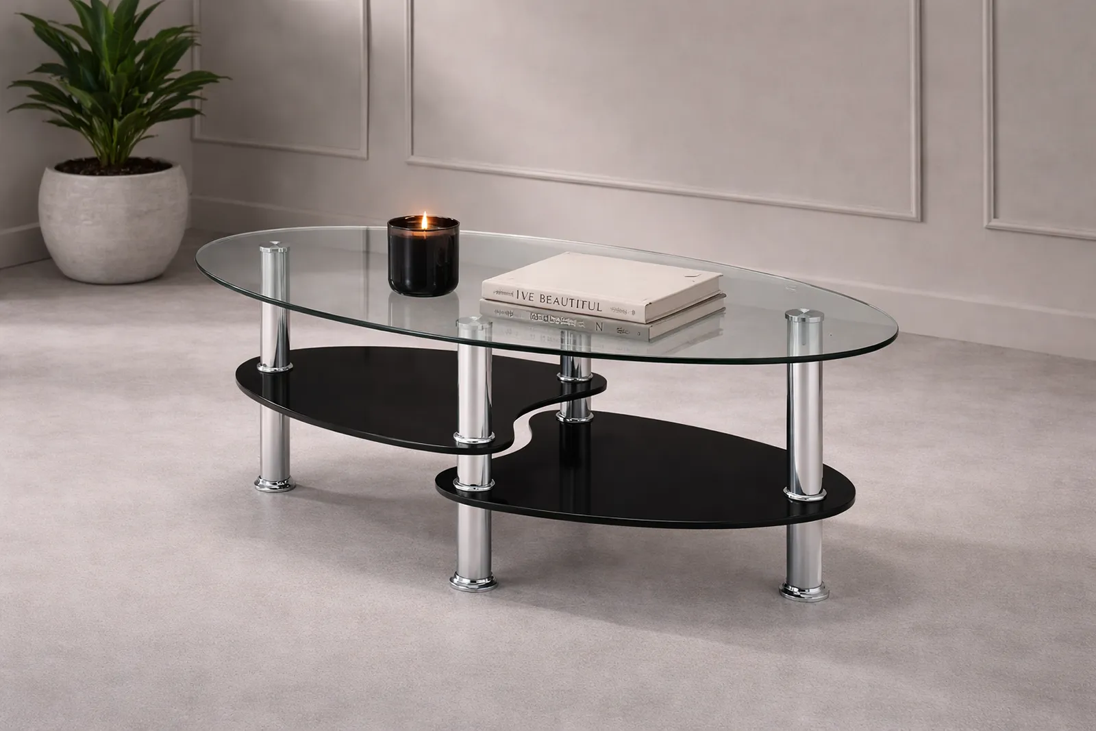 Hurst Glass Coffee Table – Clear Glass Top with High Gloss or Natural Storage Shelf