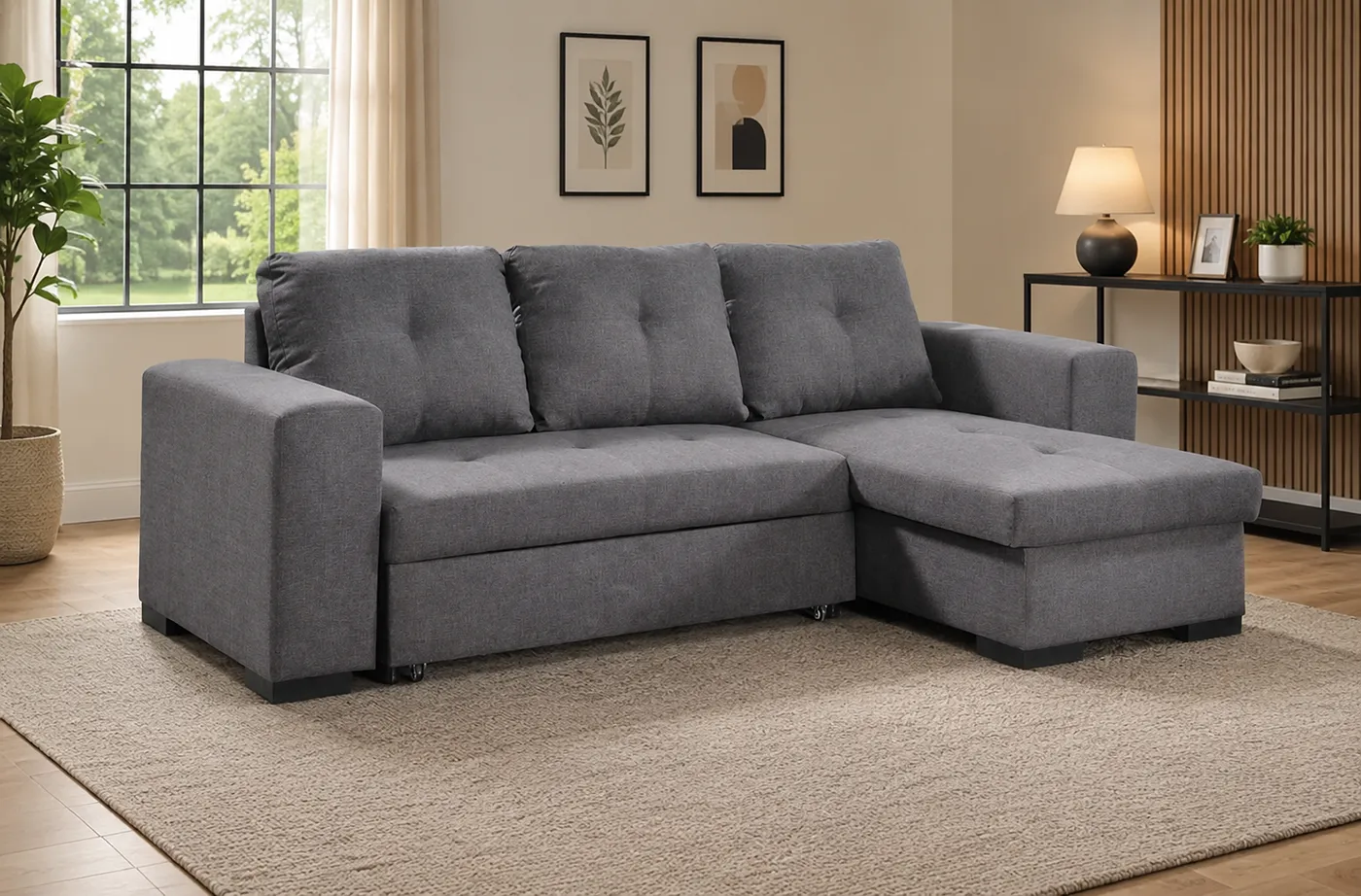 Gianni Linen Corner Sofa Bed with Storage – Reversible Chaise – Grey