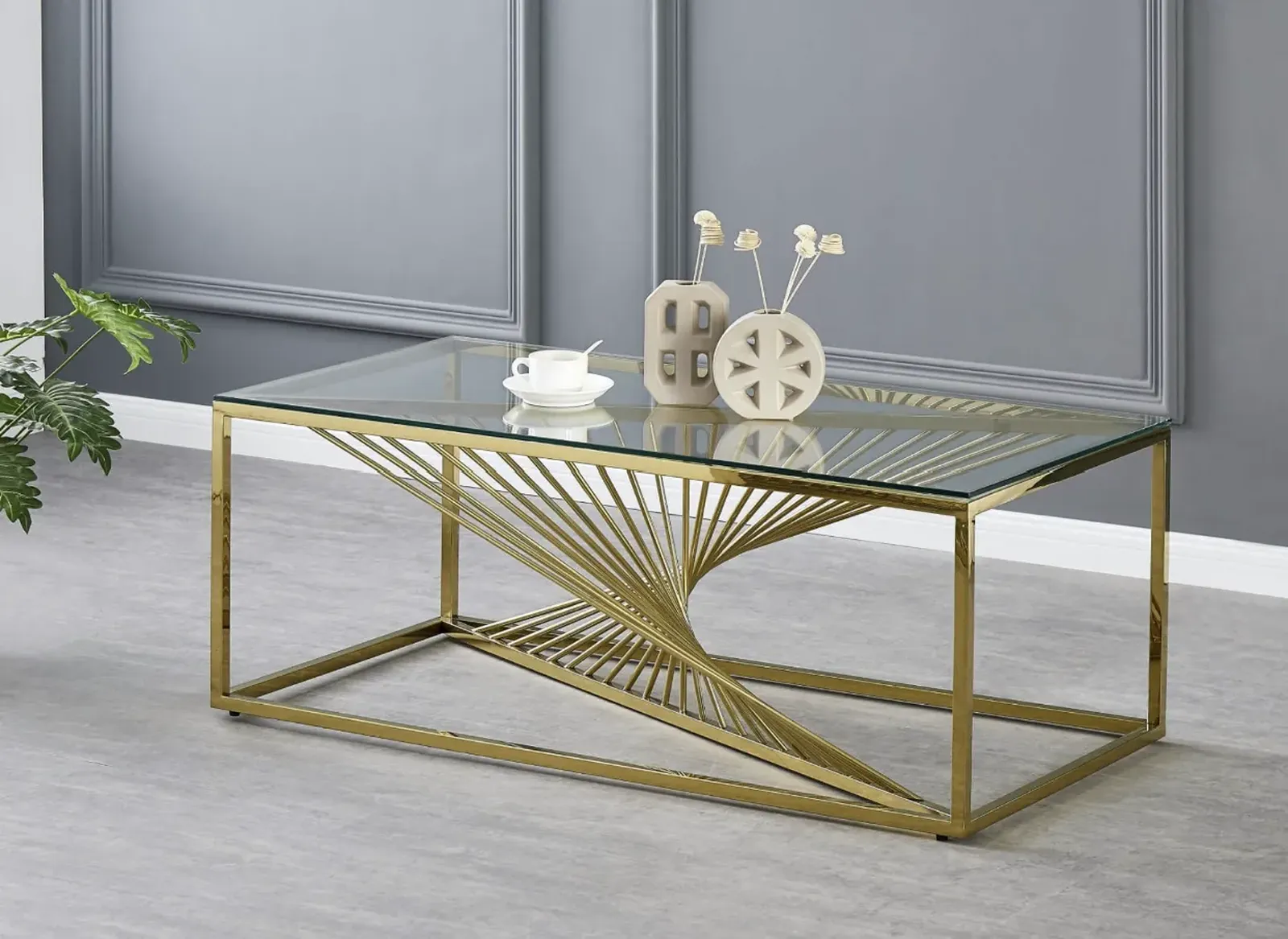 Vista Clear Glass Coffee Table – Gold Stainless Steel Modern Coffee Table
