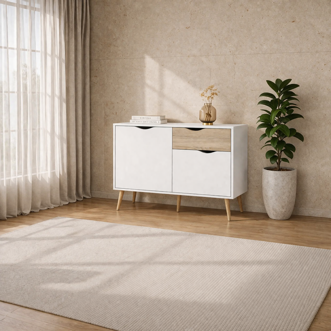 Mapleton White & Oak Small Sideboard Cabinet | 2 Door 1 Drawer Storage Unit