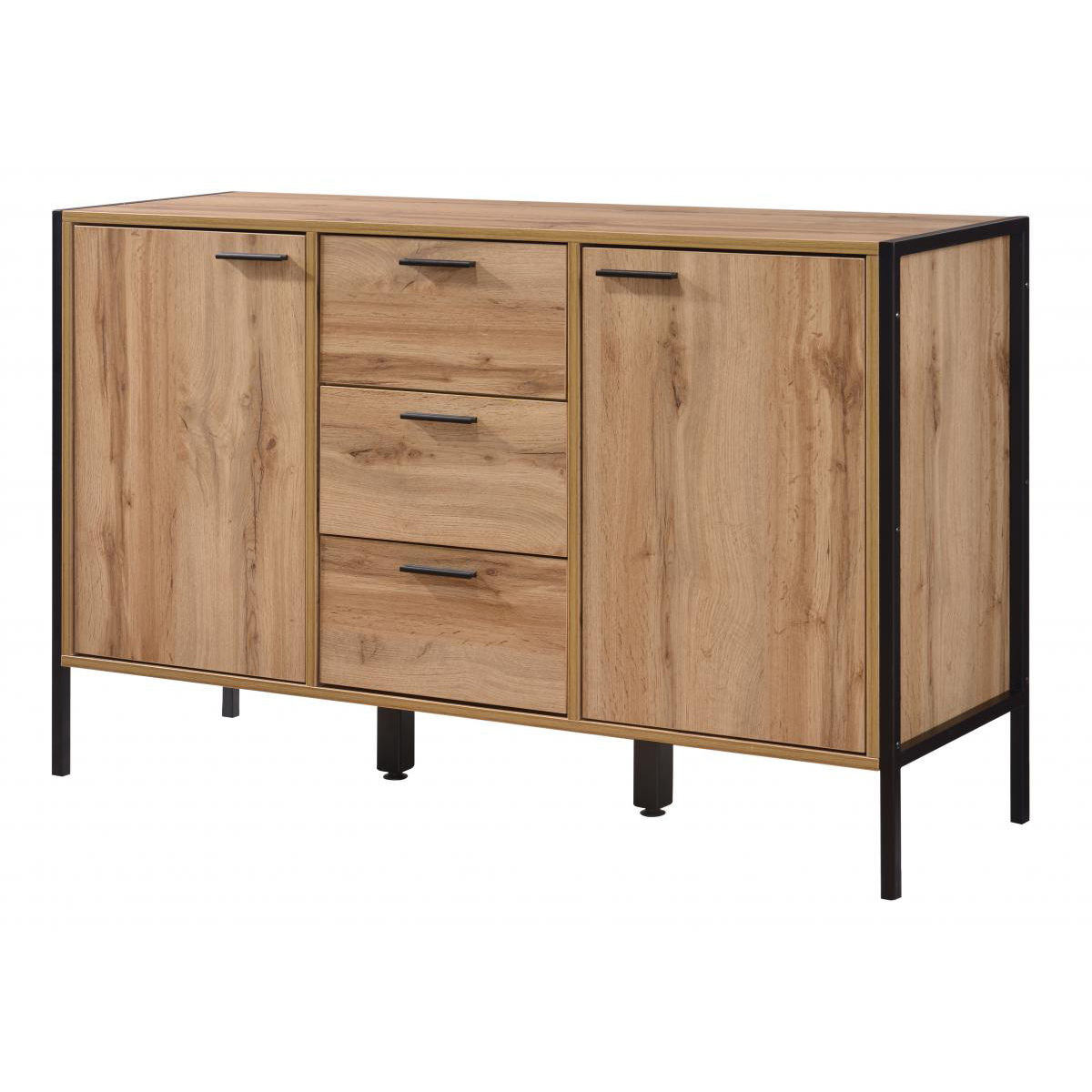 Michigan Sideboard with 2 Doors & 3 Drawers – Oak Effect & Black Metal Frame